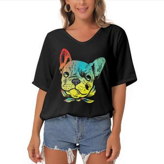 Colorful French Bulldog Face Frenchie Dog Lover Owner Gift Women's Bat Sleeves V-Neck Blouse | Mazezy