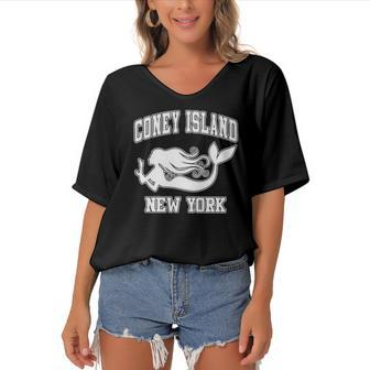 Coney Island Mermaid New York Nyc Beaches Brooklyn Gift Women's Bat Sleeves V-Neck Blouse | Mazezy