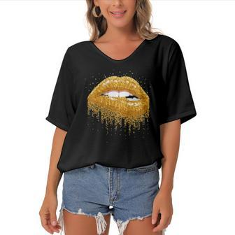 Cool Lips Bite Kiss Me -Gold Sparkle- Sexy Lips Gift Women's Bat Sleeves V-Neck Blouse | Mazezy