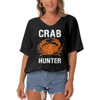 Crab Hunter Crab Lover Vintage Crab Women's Bat Sleeves V-Neck Blouse | Mazezy
