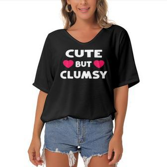 Cute But Clumsy For Those Who Trip A Lot Funny Kawaii Joke Women's Bat Sleeves V-Neck Blouse | Mazezy