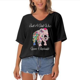 Cute Elephant Floral Themed Novelty Gift For Animal Lovers Women's Bat Sleeves V-Neck Blouse | Mazezy