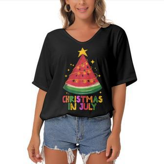 Cute Watermelon Christmas In July Kids Summer Vacation Women's Bat Sleeves V-Neck Blouse - Seseable