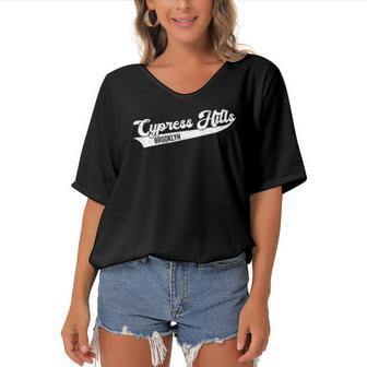 Cypress Hills Brooklyn Typographic Distressed Design Women's Bat Sleeves V-Neck Blouse | Mazezy