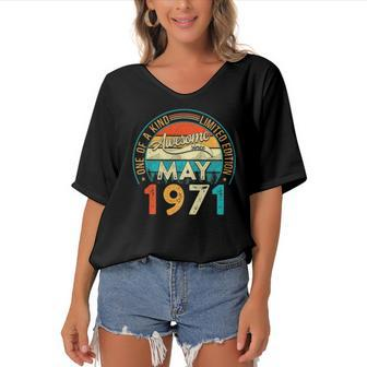 Distressed Vintage Awesome Since May 1971 51 Years Old Women's Bat Sleeves V-Neck Blouse | Mazezy
