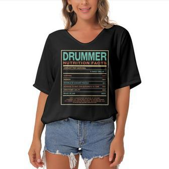 Drummer Nutrition Facts Funny Drum Player Humor Women's Bat Sleeves V-Neck Blouse | Mazezy