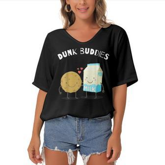 Dunk Buddies Cute Milk & Cookie For Kids And Adults Women's Bat Sleeves V-Neck Blouse - Seseable