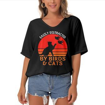 Easily Distracted By Birds And Cats Funny Bird And Cat Lover Women's Bat Sleeves V-Neck Blouse | Mazezy