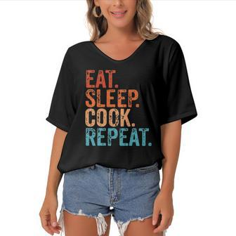 Eat Sleep Cook Repeat Cooking Chef Culinary Lunch Lady Funny Women's Bat Sleeves V-Neck Blouse | Mazezy