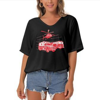 Ems Fire Rescue Truck Helicopter Cute Unique Gift Women's Bat Sleeves V-Neck Blouse | Mazezy