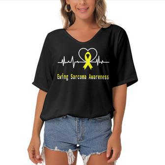Ewings Sarcoma Awareness Heartbeat Yellow Ribbon Ewings Sarcoma Ewings Sarcoma Awareness Women's Bat Sleeves V-Neck Blouse - Monsterry CA
