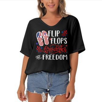 Flip Flops Fireworks And Freedom 4Th Of July V2 Women's Bat Sleeves V-Neck Blouse | Mazezy