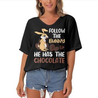 Follow The Bunny He Has Chocolate Women's Bat Sleeves V-Neck Blouse | Favorety CA