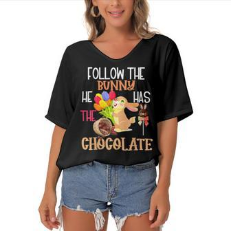 Follow The Bunny He Has Chocolate Women's Bat Sleeves V-Neck Blouse | Favorety