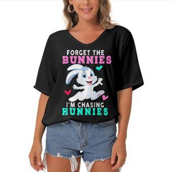 Forget The Bunnies Im Chasing Hunnies Funny Women's Bat Sleeves V-Neck Blouse | Favorety CA