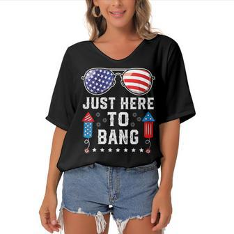 Fourth Of July 4Th Of July Fireworks Just Here To Bang Women's Bat Sleeves V-Neck Blouse - Seseable