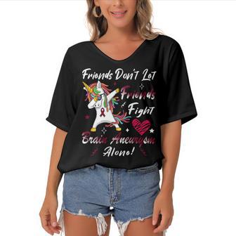 Friends Dont Let Friends Fight Brain Aneurysm Alone Unicorn Burgundy Ribbon Brain Aneurysm Bpd Brain Aneurysm V2 Women's Bat Sleeves V-Neck Blouse | Favorety