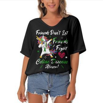 Friends Dont Let Friends Fight Celiac Disease Alone Unicorn Green Ribbon Celiac Disease Celiac Disease Awareness Women's Bat Sleeves V-Neck Blouse | Favorety AU