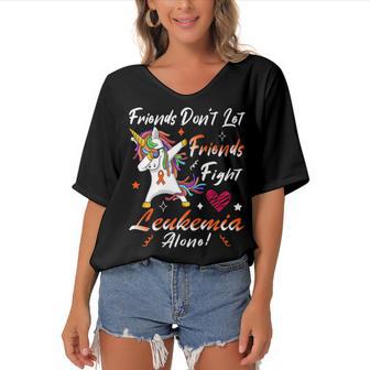 Friends Dont Let Friends Fight Leukemia Alone Unicorn Orange Ribbon Leukemia Leukemia Awareness Women's Bat Sleeves V-Neck Blouse | Favorety DE