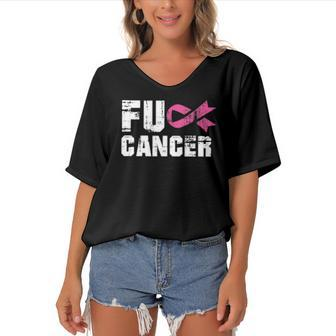 Fuck Cancer Survivor Gift Distressed Pink Ribbon Awareness Women's Bat Sleeves V-Neck Blouse | Mazezy