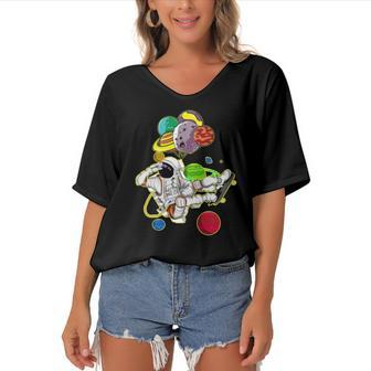 Funny Astronaut Space Travel Planets Skateboarding Science Women's Bat Sleeves V-Neck Blouse | Mazezy