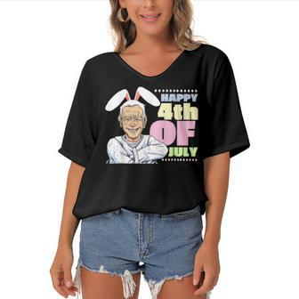 Funny Biden Easter Bunny Confused Happy 4Th Of July Women's Bat Sleeves V-Neck Blouse - Seseable