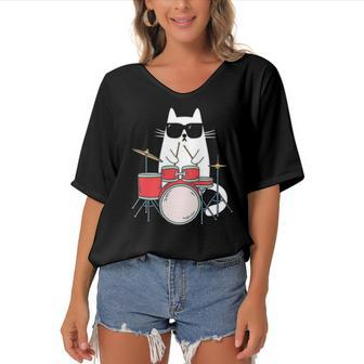 Funny Cat Wearing Sunglasses Playing Drums Drum Kit Musician Women's Bat Sleeves V-Neck Blouse | Mazezy