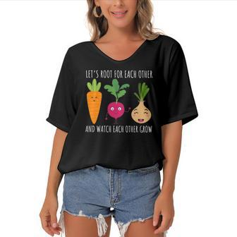 Funny Cute Lets Root For Each Other Vegetable Garden Lover Women's Bat Sleeves V-Neck Blouse | Mazezy