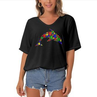 Funny Dolphin Puzzle Animals Lover Autism Awareness Women's Bat Sleeves V-Neck Blouse | Mazezy