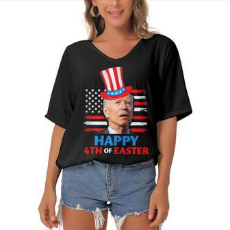 Funny Joe Biden Happy 4Th Of Easter Confused 4Th Of July Women's Bat Sleeves V-Neck Blouse - Seseable