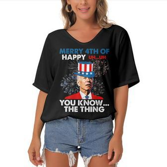 Funny Joe Biden Merry 4Th Of You KnowThe Thing 4Th Of July Women's Bat Sleeves V-Neck Blouse - Seseable