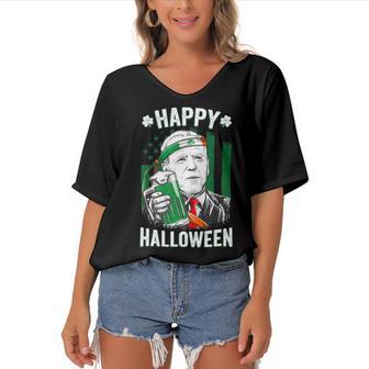 Funny Leprechaun Biden Happy Halloween For St Patricks Day Women's Bat Sleeves V-Neck Blouse | Favorety DE