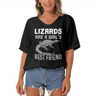 Funny Pet Monitor Lizard Graphic Lizard Lover Reptile Gift Women's Bat Sleeves V-Neck Blouse | Mazezy