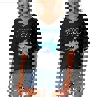 Funny Shark Sharkasm Tee Sharks Tee Women's Bat Sleeves V-Neck Blouse | Mazezy