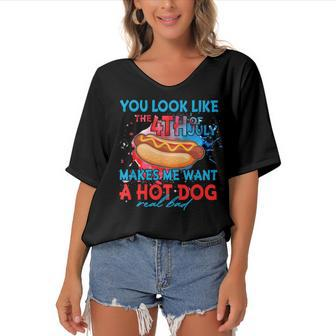 Funny You Look Like 4Th Of July Makes Me Want A Hot Dog Women's Bat Sleeves V-Neck Blouse - Seseable