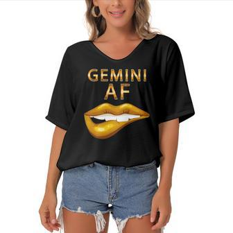 Gemini Af Gold Sexy Lip Birthday Gift Women's Bat Sleeves V-Neck Blouse | Mazezy