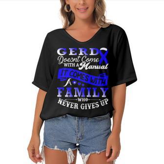 Gerd Doesnt Come With A Manual It Comes With A Family Who Never Gives Up Periwinkle Blue Ribbon Gastroesophageal Reflux Disease Gerd Awareness Women's Bat Sleeves V-Neck Blouse | Favorety AU