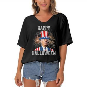 Halloween Funny Happy 4Th Of July Anti Joe Biden Women's Bat Sleeves V-Neck Blouse | Mazezy