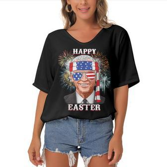 Happy Easter Confused Joe Biden 4Th Of July Funny Women's Bat Sleeves V-Neck Blouse - Seseable