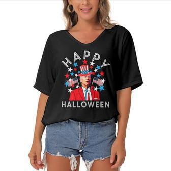 Happy Halloween Joe Biden 4Th Of July Memorial Independence Women's Bat Sleeves V-Neck Blouse | Mazezy