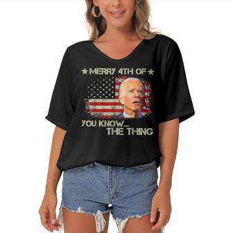 Happy Uh You Know The Thing Funny Joe Biden 4Th Of July Women's Bat Sleeves V-Neck Blouse - Seseable