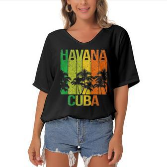 Havana Cuba Cuban Beach Caribbean Summer Holidays Women's Bat Sleeves V-Neck Blouse | Mazezy