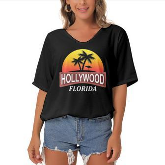 Hollywood Florida Beach Vacation Palm Tree Women's Bat Sleeves V-Neck Blouse | Mazezy