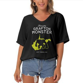 Home Of The Grafton Monster West Virginia Usa Women's Bat Sleeves V-Neck Blouse | Mazezy