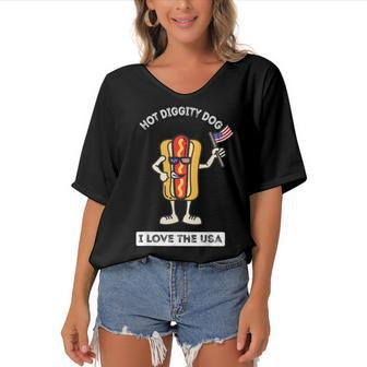 Hot Diggity Dog July 4Th Patriotic Bbq Picnic Cookout Funny Women's Bat Sleeves V-Neck Blouse - Seseable