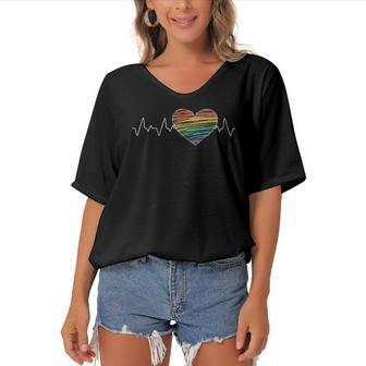 Human Rights Equality Gay Pride Month Heartbeat Lgbt Women's Bat Sleeves V-Neck Blouse | Mazezy