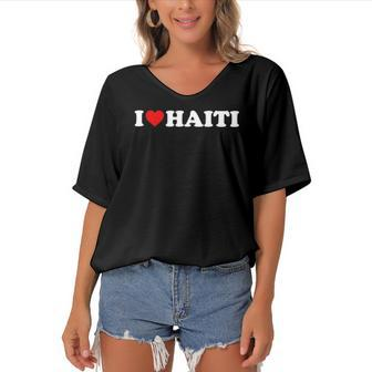 I Love Haiti - Red Heart Women's Bat Sleeves V-Neck Blouse | Mazezy
