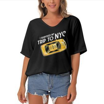 I Survived My Trip To Nyc New York City Taxi Cab Tee Women's Bat Sleeves V-Neck Blouse | Mazezy