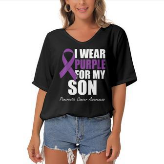 I Wear Purple For My Son Pancreatic Cancer Awareness Women's Bat Sleeves V-Neck Blouse | Mazezy