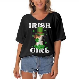 Jack Russell Terrier Patricks Day For Dog Lovers Women's Bat Sleeves V-Neck Blouse | Favorety